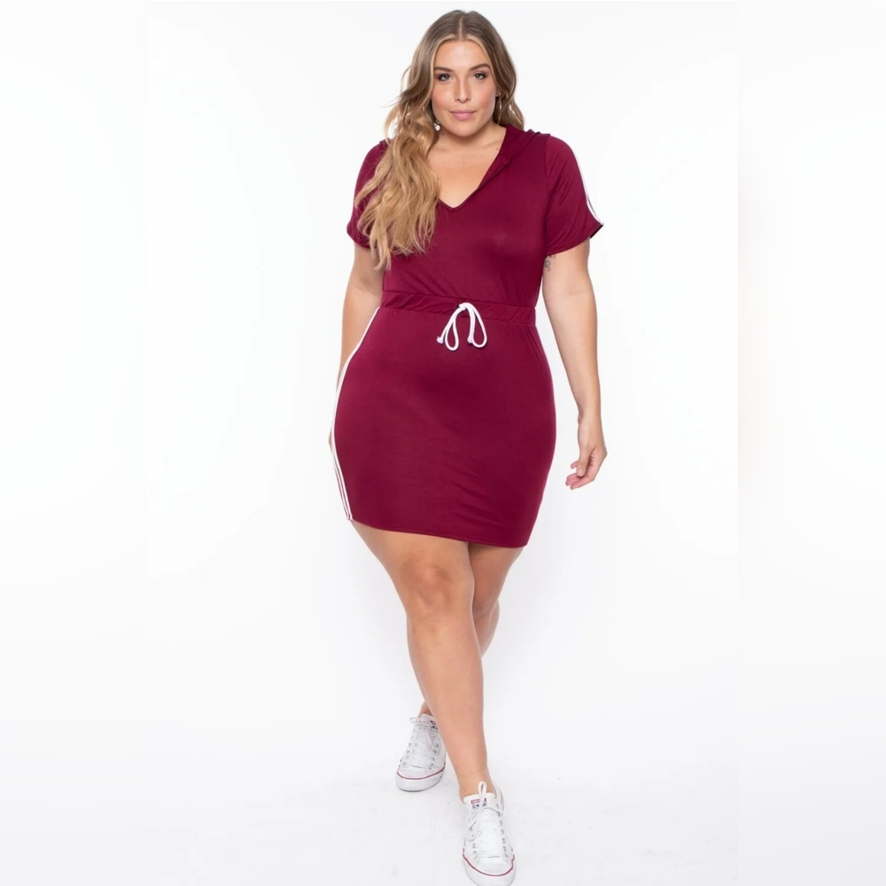 NEW NWOT CurvySense Sporty Varsity Stripe Hoodie Dress Burgundy Size 4XL